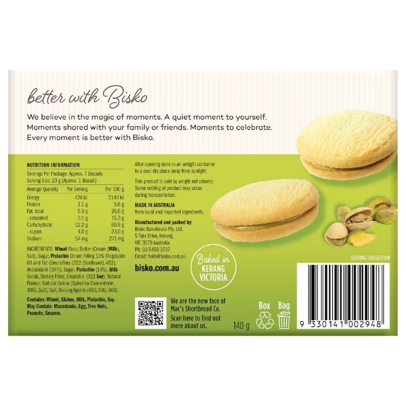 [Expiry Date: 25/08/2027] Bisko Bakehouse Creme Moments Shortbread With Pistachio Cream Filling 140g