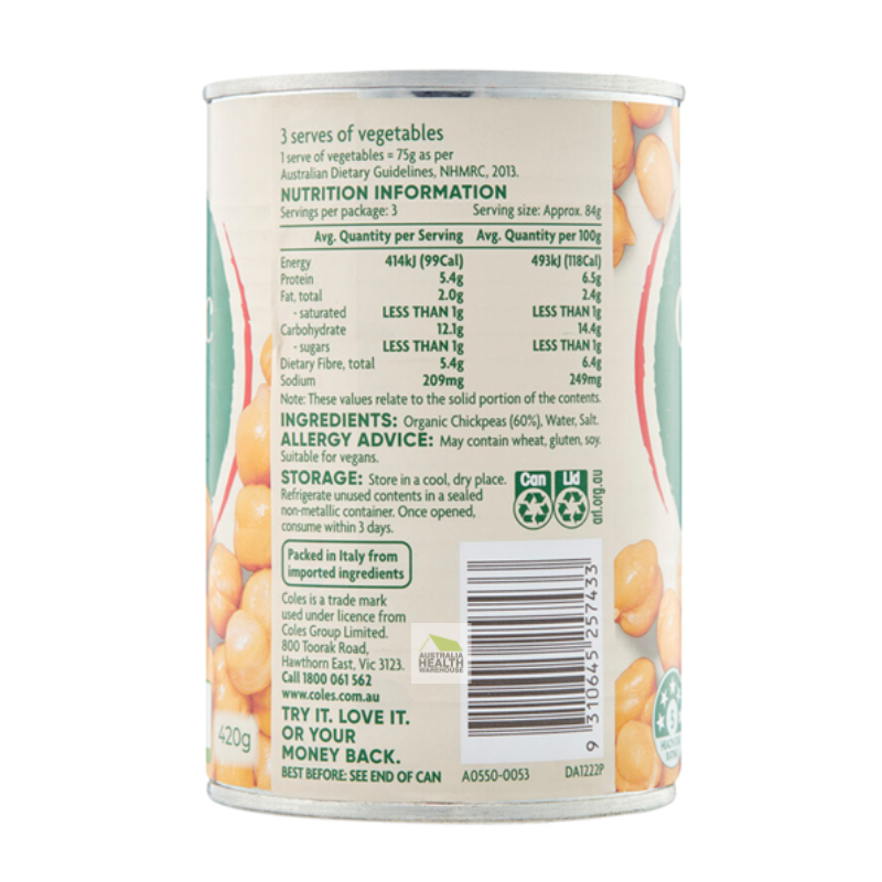 [Expiry Date: 25/11/2027] Coles Organic Chickpeas 420g