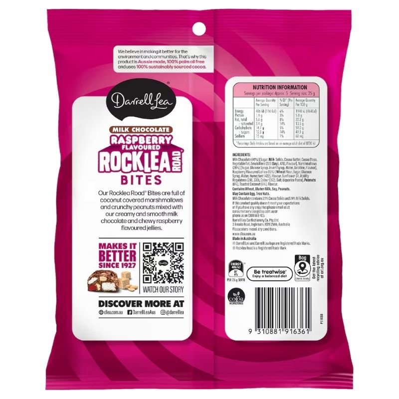 [Expiry Date: 06/01/2027] Darrell Lea Milk Chocolate Raspberry Flavoured Rocklea Road Bites 140g