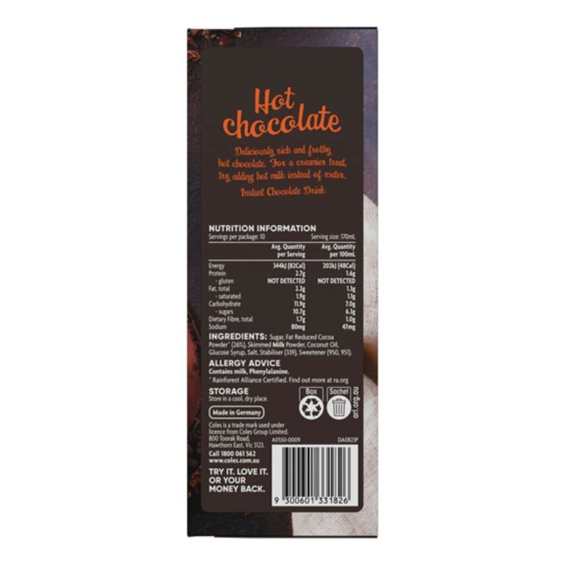 [Expiry Date: 15/07/2027] Coles Hot Chocolate Sachets 10 pack