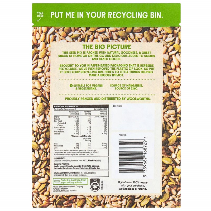 [CLEARANCE Expiry: 08/09/2026] Woolworths Macro Natural Seed Mix With Pine Nuts 250g