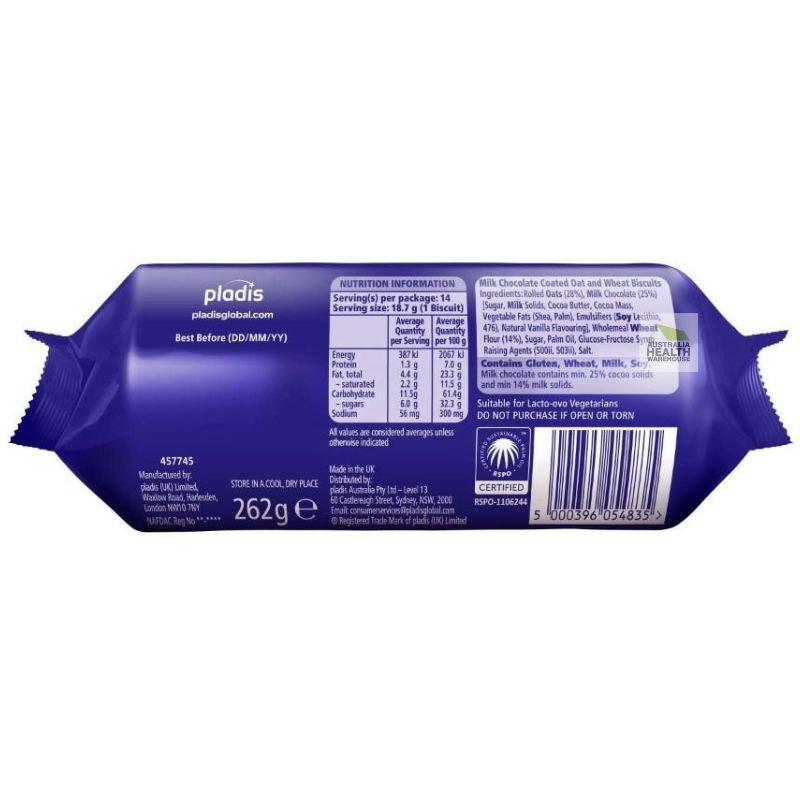 [CLEARANCE Expiry: 06/12/2025] Mcvitie's Hobnobs Milk Choc Oat Snap Cookie 262g