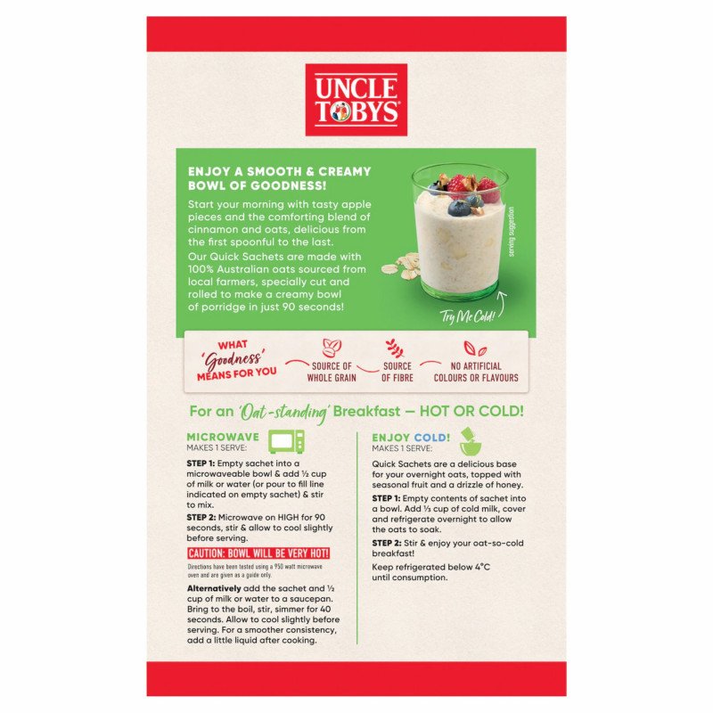 [Expiry Date: 09/01/2027] Uncle Tobys Oats Quick Sachets Apple & Cinnamon Porridge 10 Pack 350g