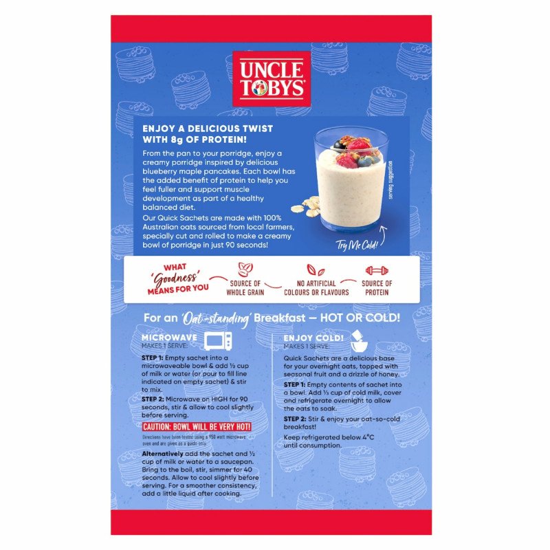 [Expiry Date: 04/02/2027] Uncle Tobys Oats Protein Quick Sachets Blueberry Maple Pancake 8 Pack 280g