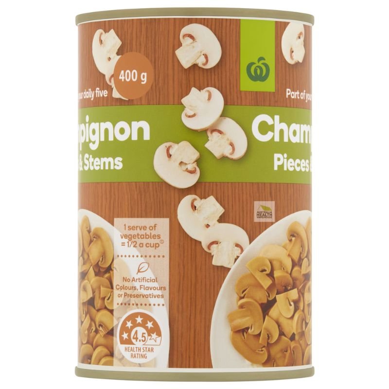 [Expiry Date: 30/04/2027] Woolworths Champignons Pieces & Stems 400g