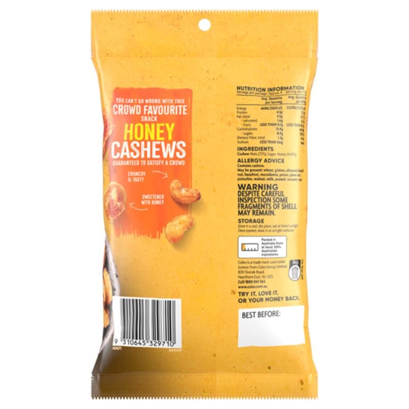 [CLEARANCE Expiry Date: 17/08/2026]  Coles Honey Cashews 200g
