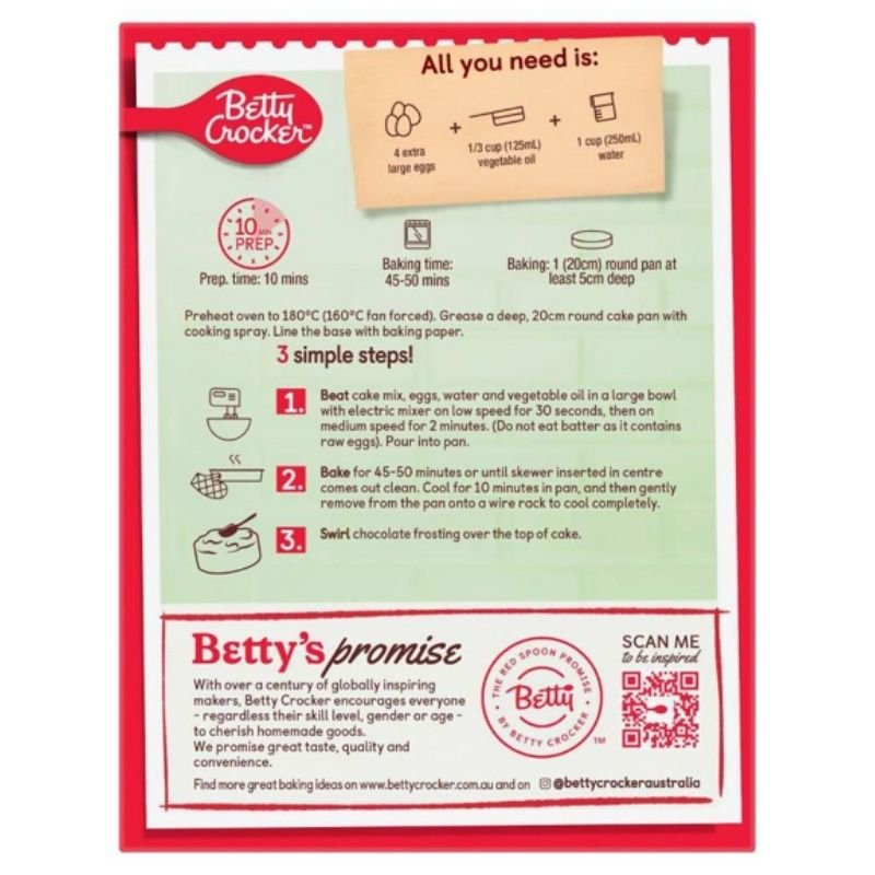 [Expiry Date: 22/02/2027] Betty Crocker Bake Smart Gluten Free Devils Food Cake Mix 540g