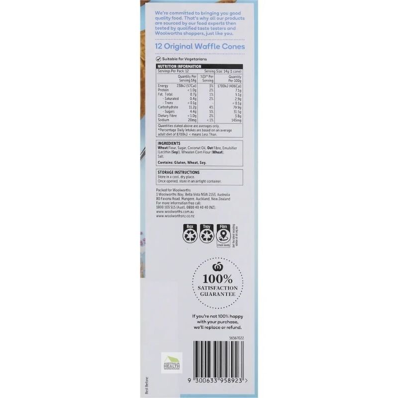 [Expiry Date: 04/02/2027] Woolworths Original Waffle Cones 12 Pack 170g