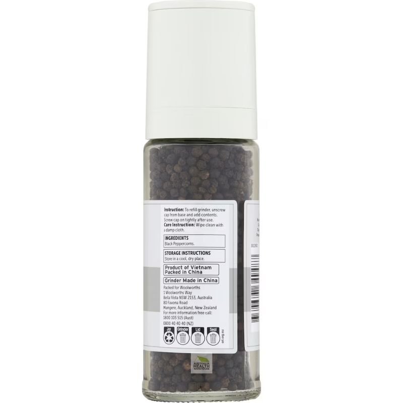 [Expiry Date: 20/04/2028] Woolworths Black Peppercorn Refillable Grinder 124g