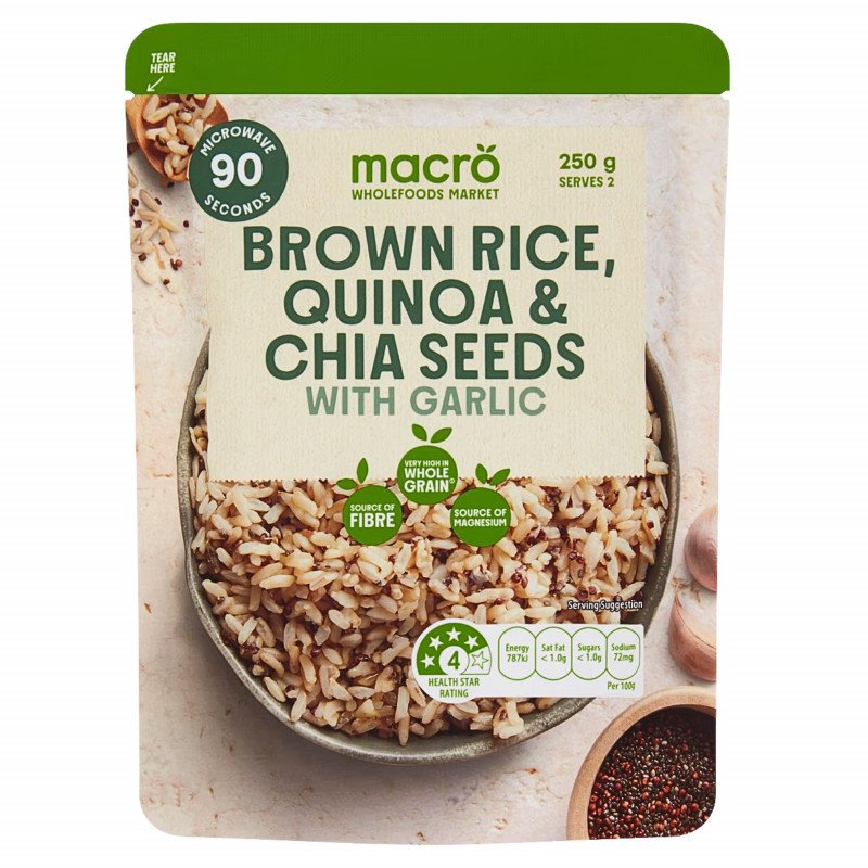 [Expiry Date: 30/11/2026] Woolworths Macro Brown Rice Quinoa Chia & Garlic Pouch 250g