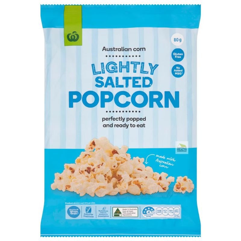 [CLEARANCE Expiry Date: 04/04/2026] Woolworths Lightly Salted Popcorn 80g