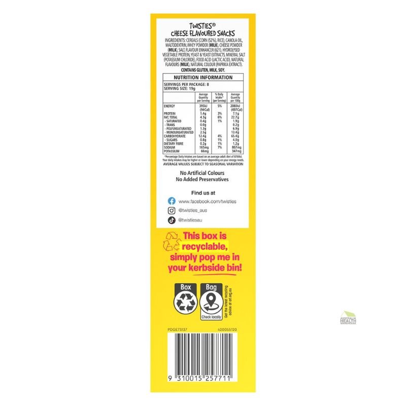 [CLEARANCE Expiry: 08/03/2026] Twisties Cheese Flavoured Snacks 8 x 19g Pack