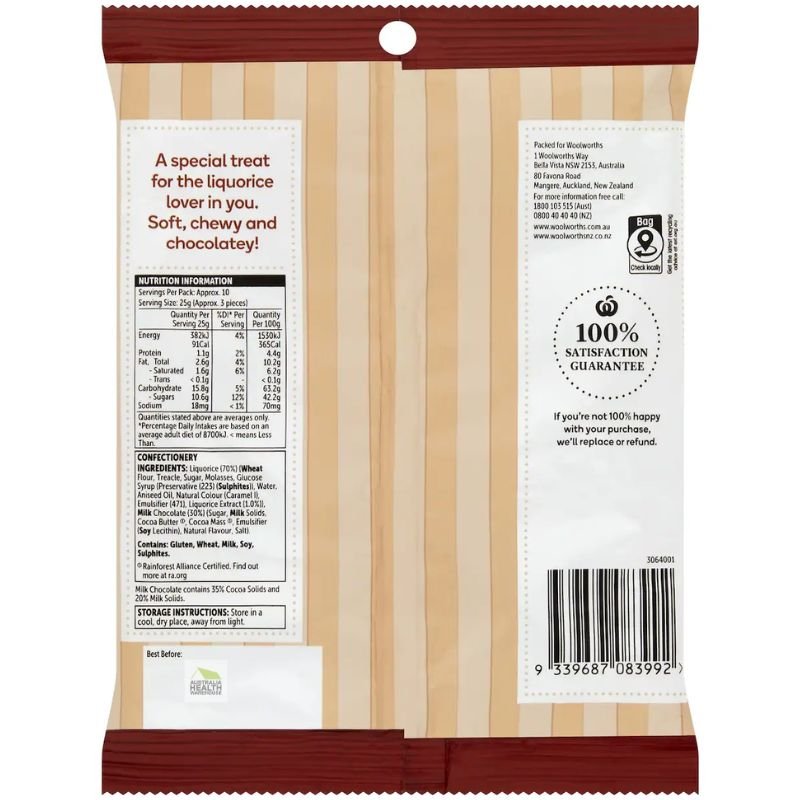 Woolworths Milk Chocolate Coated Liquorice Twists 270g