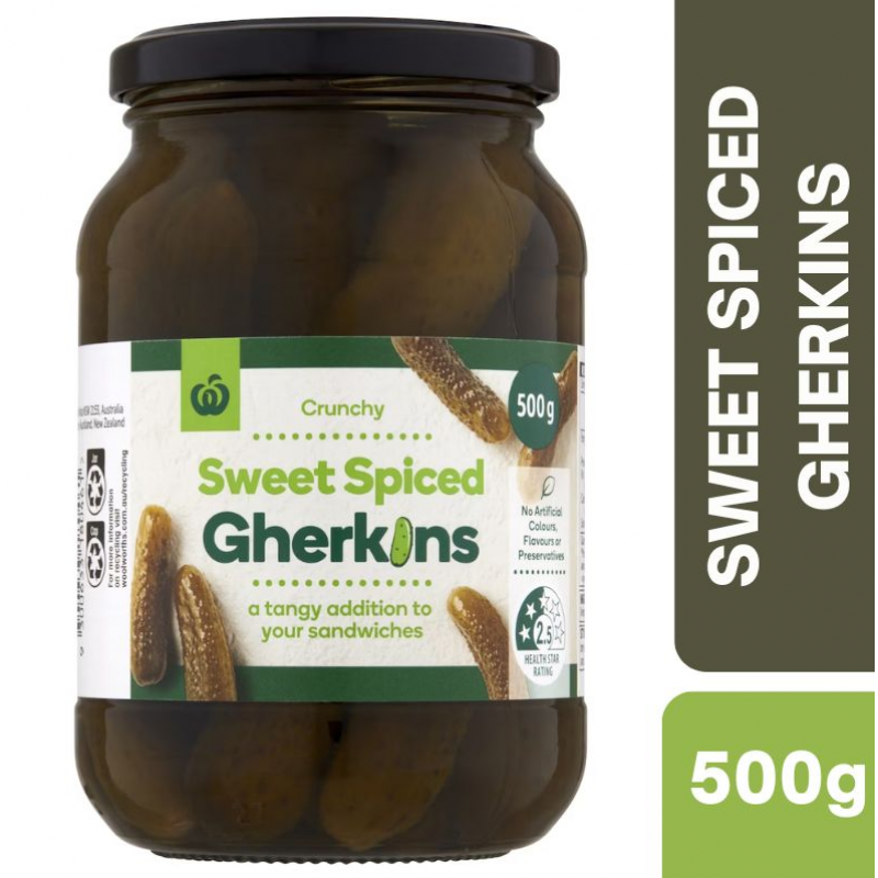 [Expiry: 21/09/2028] Woolworths Sweet Spiced Gherkins 500g