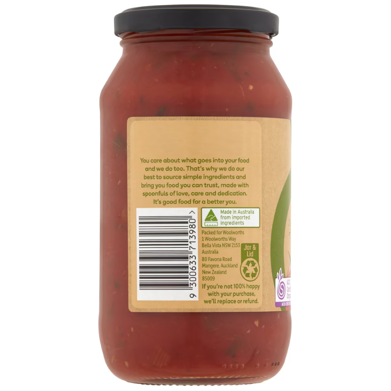[Expiry Date: 23/01/2028] Woolworths Macro Organic Tomato, Garlic & Basil Chunky Pasta Sauce 500g