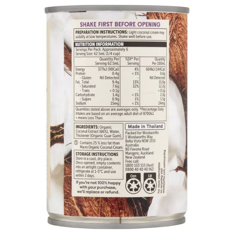 [Expiry Date: 18/06/2028] Woolworths Macro Organic Light Coconut Cream 400mL