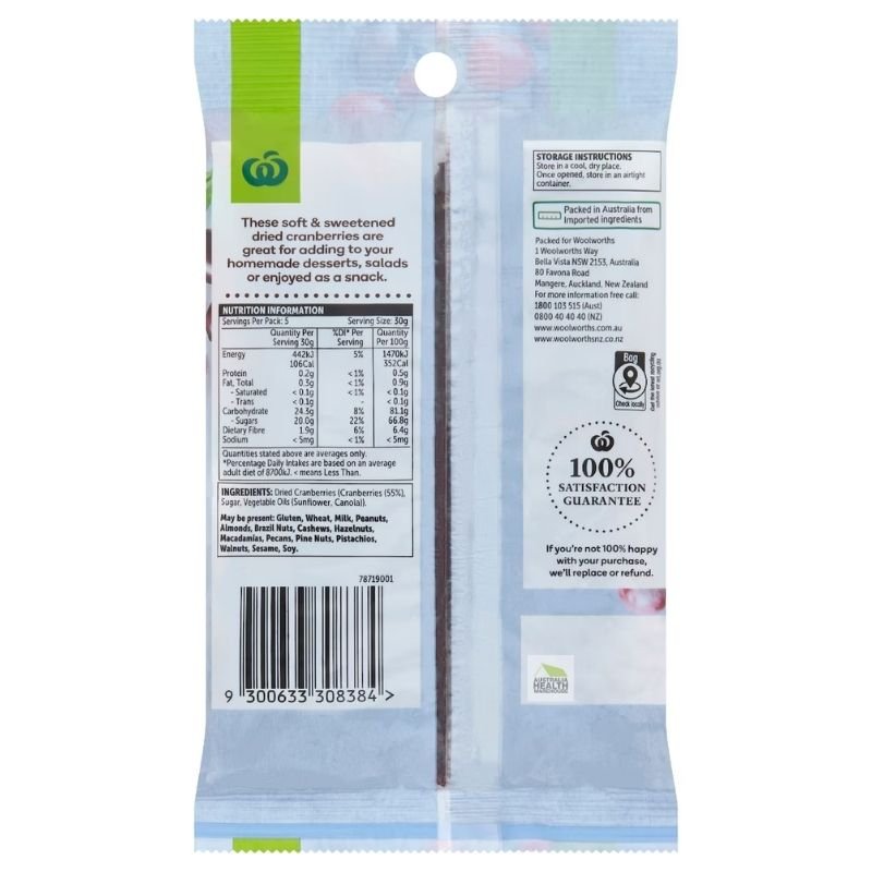 [Expiry: 11/09/2026] Woolworths Cranberries 150g