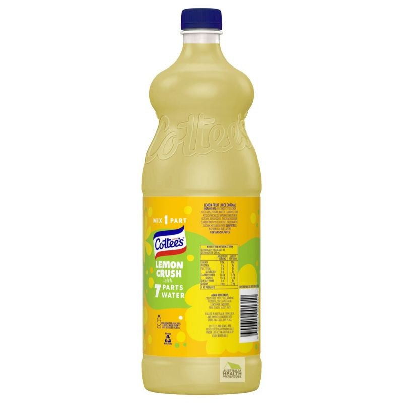 [CLEARANCE Expiry Date: 07/07/2026] Cottee's Lemon Cordial Lemon Crush With 40% Fruit Juice Bottle 1 Litre