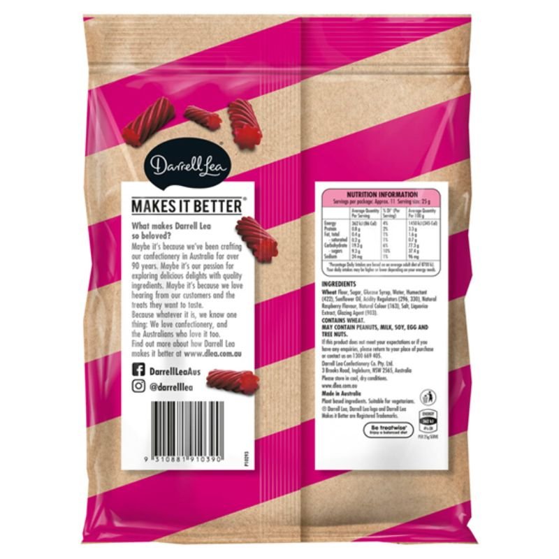 [Expiry Date: 23/02/2027] Darrell Lea Twists Raspberry 280g