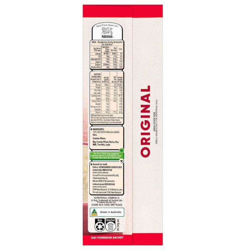 [Expiry Date: 07/07/2027] Uncle Tobys Oats Quick Sachets Original Porridge 10 Pack 340g