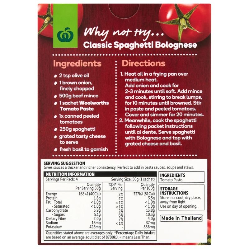 [Expiry Date: 15/12/2026] Woolworths Tomato Paste Sachets No Added Salt 50g x 4 Pack