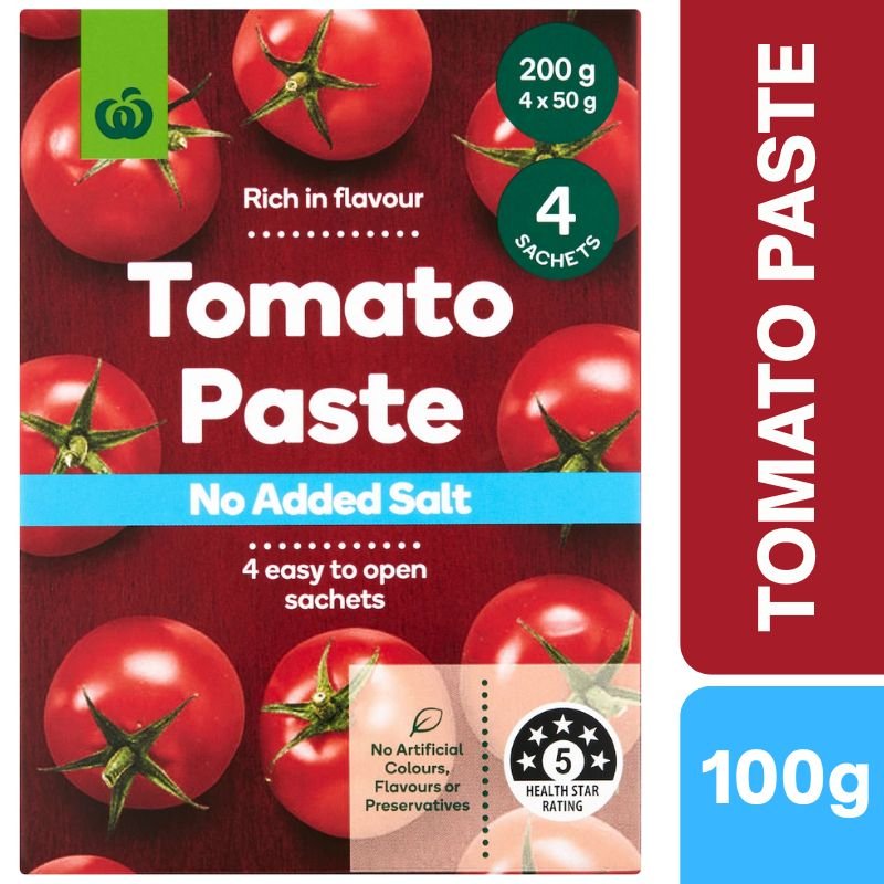 [Expiry Date: 15/12/2026] Woolworths Tomato Paste Sachets No Added Salt 50g x 4 Pack