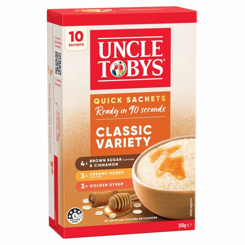 [Expiry Date: 17/02/2027] Uncle Tobys Oats Quick Sachets Classic Variety Porridge 10 Pack 350g