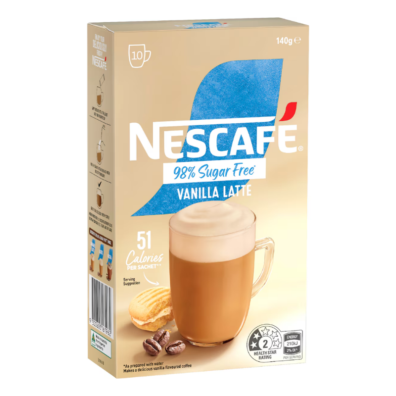 [Expiry Date: 30/06/2027] Nescafe 98% Sugar Free Vanilla Latte Coffee Sachets 10 Pack