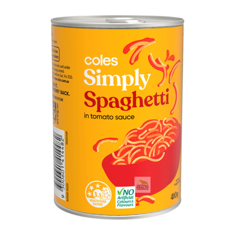 [Expiry Date: 03/06/2027] Coles Simply Spaghetti in Tomato Sauce 410g