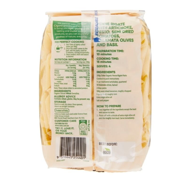 Coles Organic Pasta Penne Rigate 500g