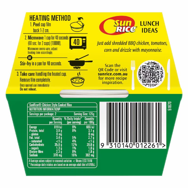 [Expiry Date: 14/03/2027] Sunrice Microwave Flavoured Chicken Style Rice Cups 2 x 125g