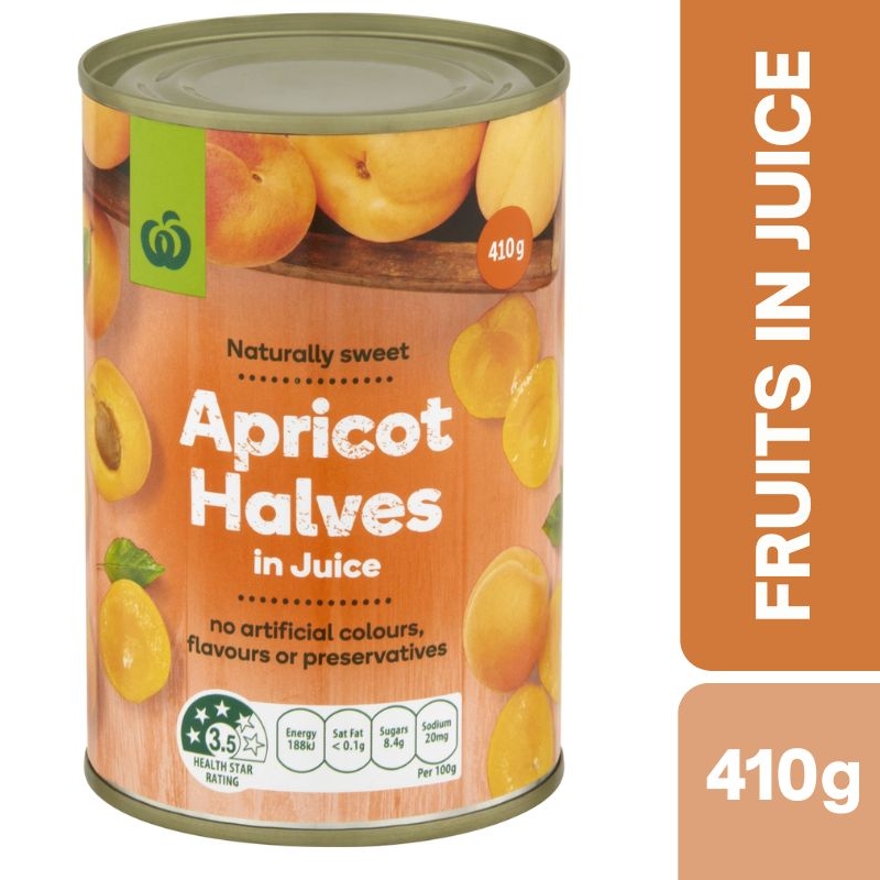 [Expiry Date: 30/04/2028] Woolworths Apricot Halves In Juice Apricot 410g
