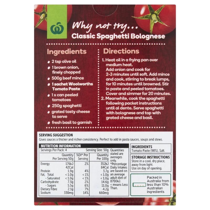 [Expiry Date: 13/11/2026] Woolworths Tomato Paste Sachet 50g x 4 Pack | Oz Mart