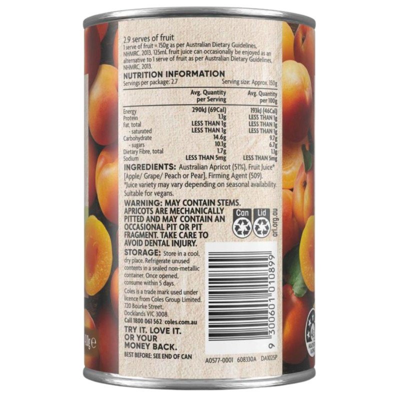 [Expiry: 01/2029] Coles Australian Apricot Halves In Juice 410g