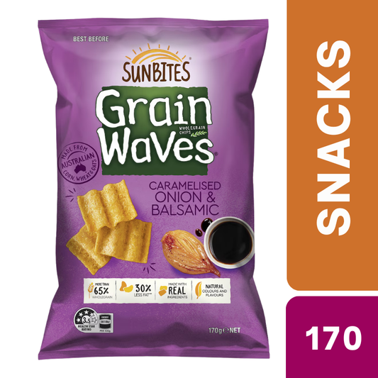 [CLEARANCE Expiry: 15/11/26] Sunbites Grain Waves Caramelised Onion And Balsamic Wholegrain Chips 170G