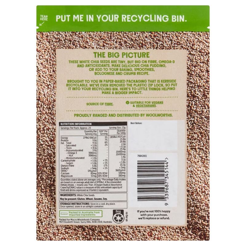 [Expiry: 26/02/2028] Woolworths Macro White Chia Seeds 350g
