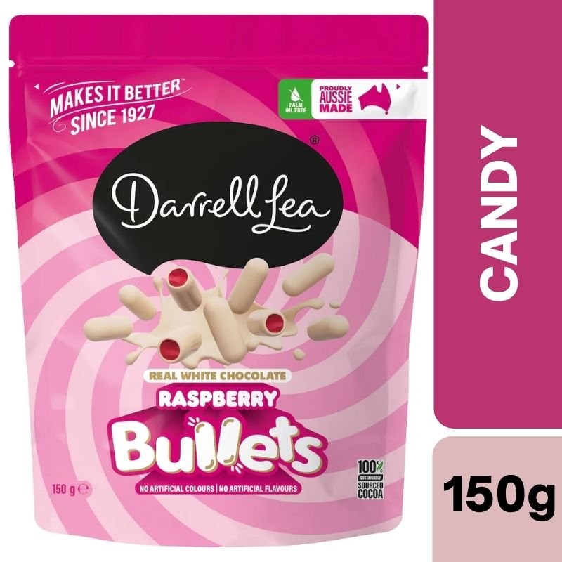[Expiry Date: 08/06/2027]  Darrell Lea White Chocolate Raspberry Bullets 150g