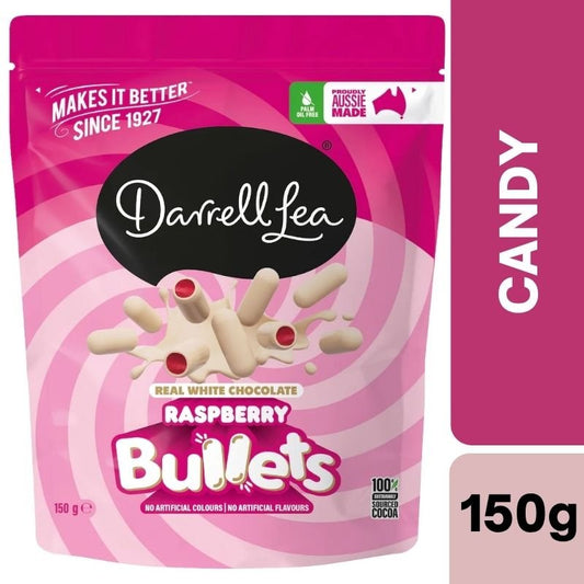 [Expiry Date: 08/06/2027]  Darrell Lea White Chocolate Raspberry Bullets 150g