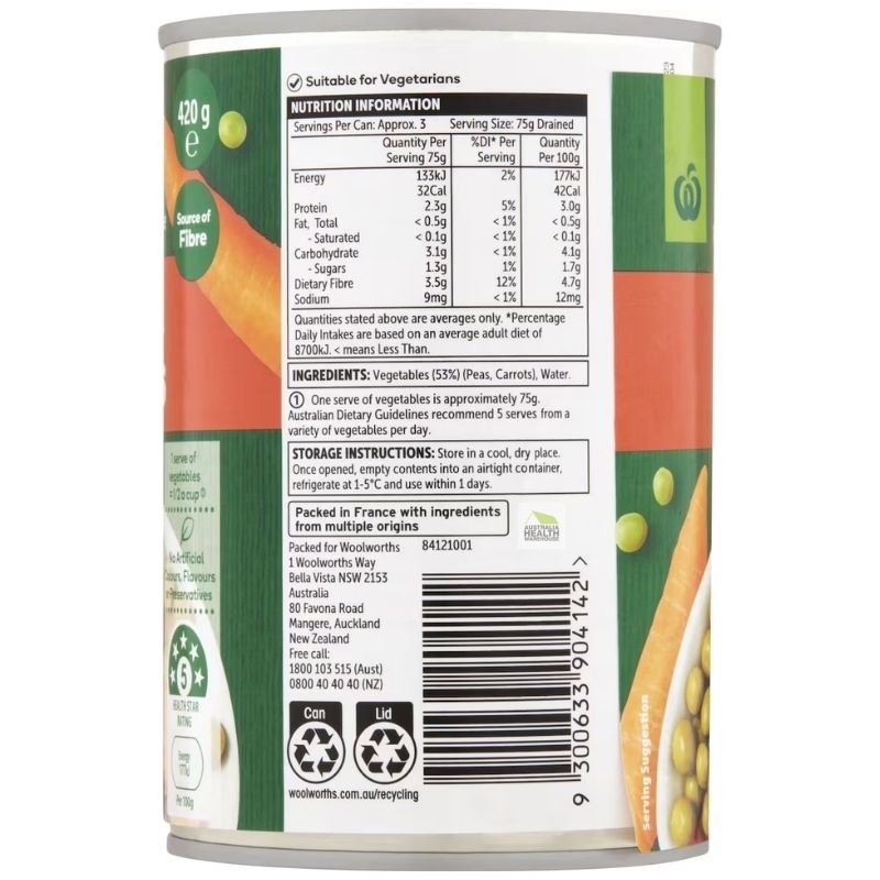 [Expiry: 30/09/2028] Woolworths Peas & Carrots 420g