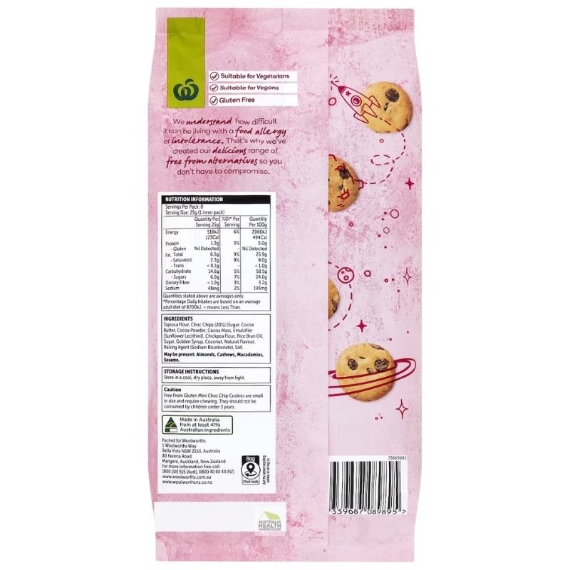 [Expiry Date: 26/06/2026] Woolworths Choc Chip Mini Cookies Gluten Free 8 Pack
