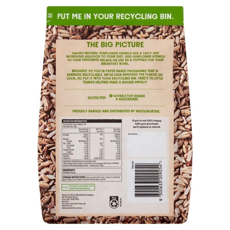 [Expiry Date: 19/03/2027] Woolworths Macro Natural Sunflower Kernels 500g
