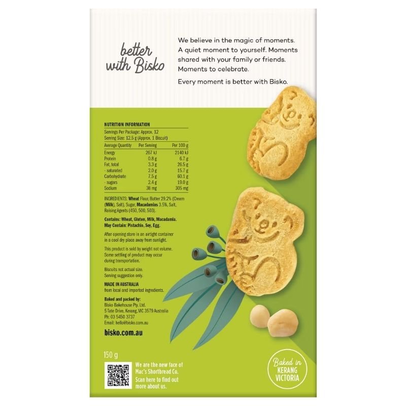 [Expiry Date: 07/10/2027] Bisko Bakehouse Butter Shortbread Macadamia Koalas 150g