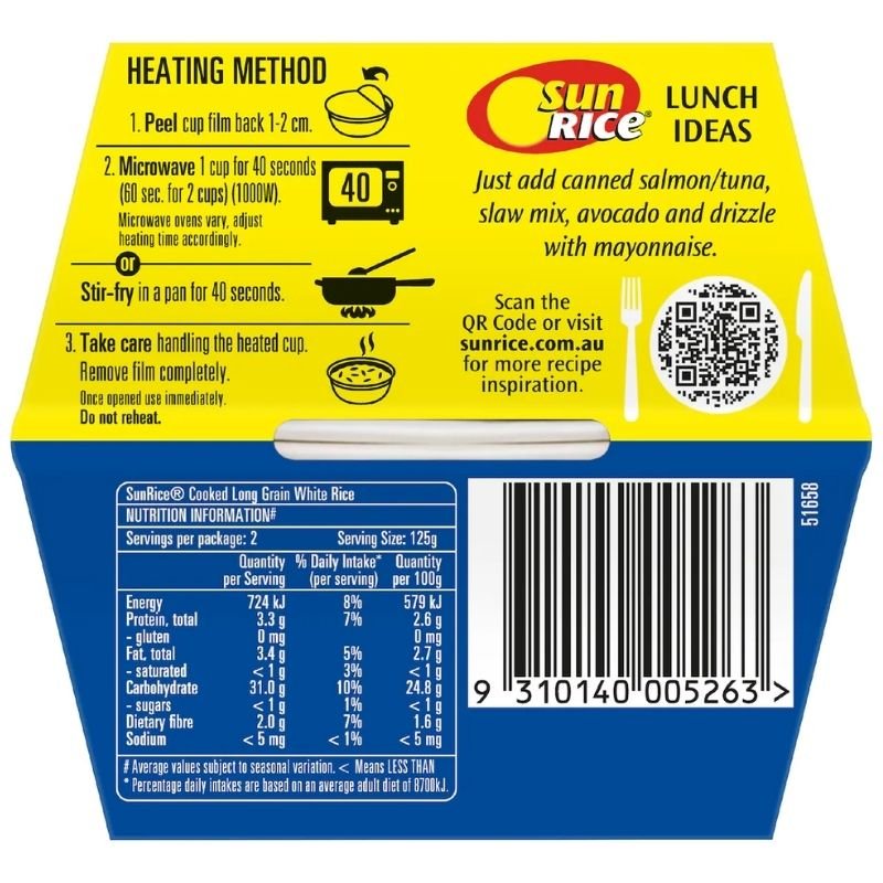 [Expiry Date: 23/02/2027] Sunrice Microwave Long Grain White Rice Cup 125g x 2 Pack