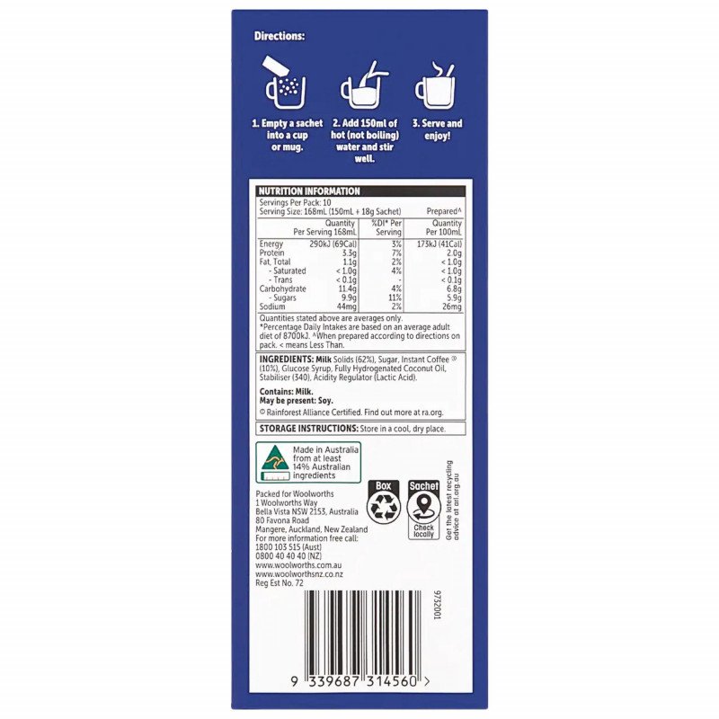 [Expiry Date: 28/01/2027] Woolworths Creamy Latte 10 Sachets Pack 180g