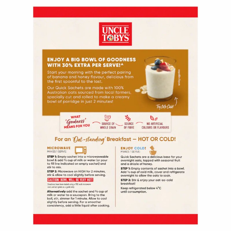 [Expiry Date: 19/03/2027] Uncle Tobys Oats Quick Sachets Banana & Honey Big Bowl Porridge 8 Pack 368g