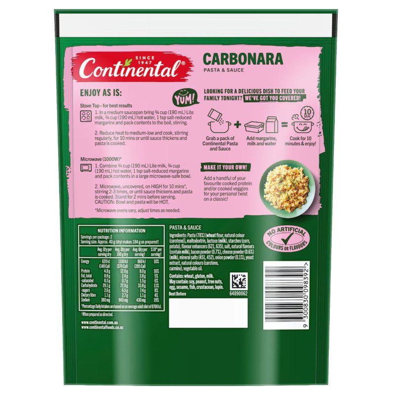 [Expiry Date: 12/01/2028] Continental Carbonara Pasta & Sauce 80g
