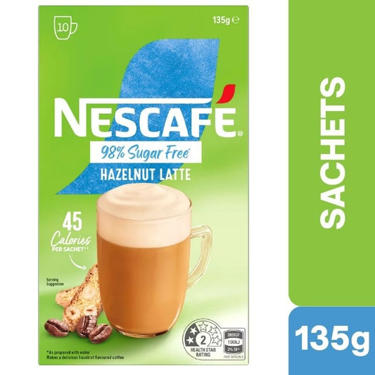 Nescafe 98% Sugar Free Hazelnut Latte Coffee Sachets 10 Pack