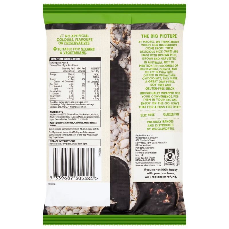 [Expiry Date: 19/11/2026] Woolworths Macro Mini Multigrain Rice Cakes Vegan Dark Chocolate 6 Packs 78g