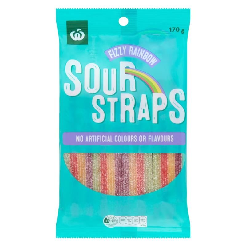 [Expiry Date: 17/10/2026] Woolworths Sour Straps Fizzy Rainbow 170g