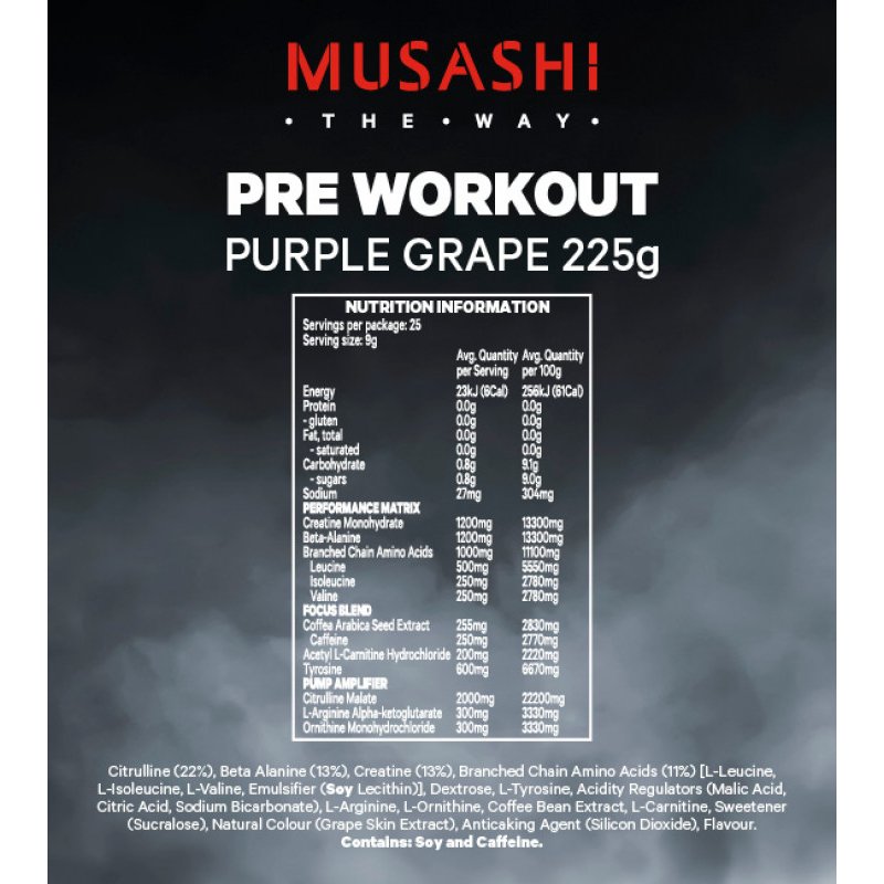 [Expiry: 27/09/2026] Musashi Pre-Workout Powder Purple Grape Flavour 225g